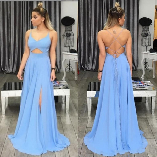 Sexy Chic Ocean Blue Simple Chiffon Prom Dresses Sexy Criss Cross Back Front Split Evening Gowns For Summer Parties Holiday Gowns DTJ