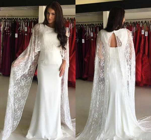 Elegant Saudi Arabia Women White Long Prom Dresses Lace And Chiffon Evening Party Gowns Cape Style Formal Party Vestidos