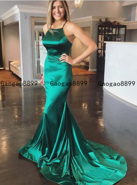 sexy mermaid Emerald Green Halter Neck Long Prom Dresses with Criss Cross Straps back Elastic Satin Formal Graduation Evening Dresses