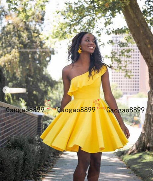 short yellow Prom Dresses Special Occasion Party Gowns one shoulder with ruched stain Formal Evening Dress custom made