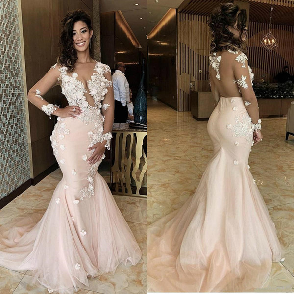 Mermaid African Prom Dresses Light Pink Lace with 3D flower lace Appliques sheer Long Sleeves Pageant Party Evening Gowns