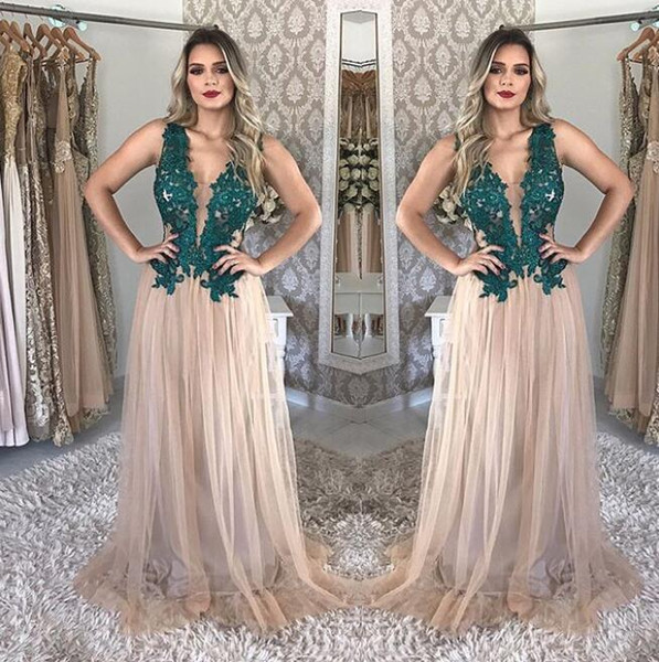 Hunter lace Prom Dresses sexy Illusion v neck Champagne Tulle Front Split Cocktail Party Dress sweep train African chic Evening Gowns