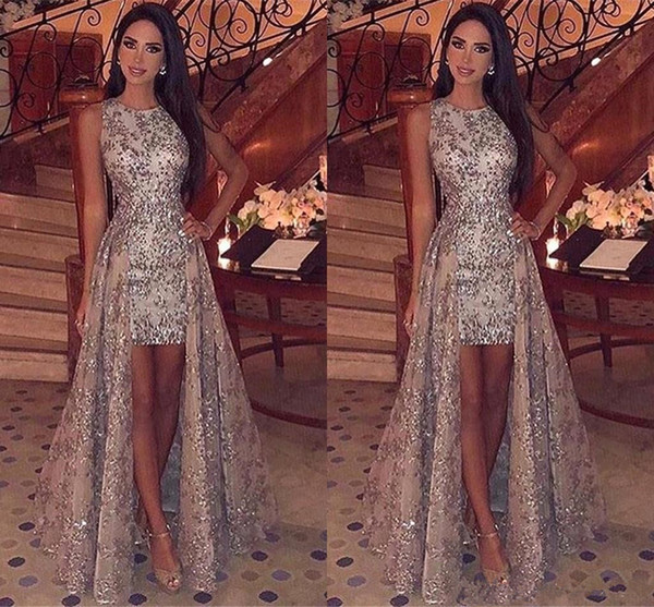 Kaftan Abaya Arabic Sparkly Sequins Sheath Short Prom Dresses Jewel Neck Sleeveless With Detachable Overskirts Formal Party Evening Gowns