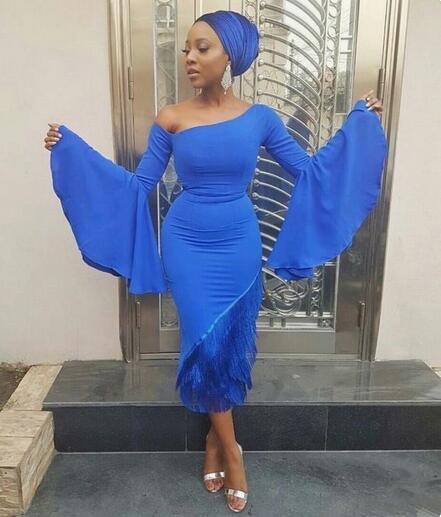 Aso Ebi blue Prom Dresses Plus Size irregular neck long poet sleeves Spandex Evening Gowns Arabia Women tea length Party evening gowns