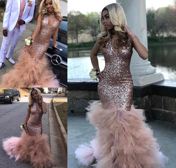 sexy African Black Girls Sequined Prom Dress Rose Gold Formal Pageant Holidays Wear Graduation Evening Party Gown Custom Made Plus Size