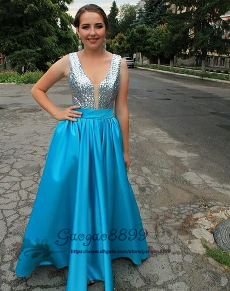 A Line sexy blue Prom Dresses floor length with sliver sequined long Party evening Gowns v neck plus size lace up custom made