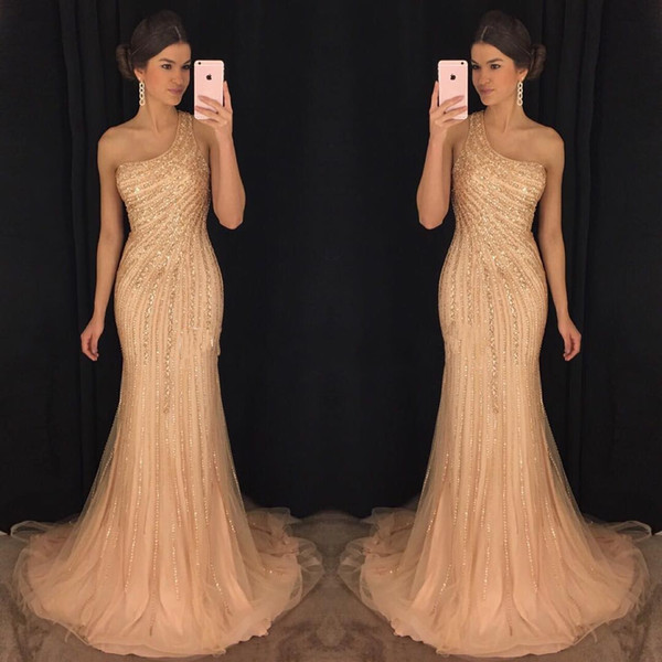 Luxury Champagne Prom Dresses One Shoulder Major Beaded Ruffled Long Formal Dresses Wear Formal Evening Gowns Sexy Gowns DTJ