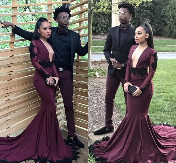 Fall Winter Burgundy Mermaid Prom Dresses Long Sleeves Sweep Train New Sexy Backless Lace Sequins Evening Gowns