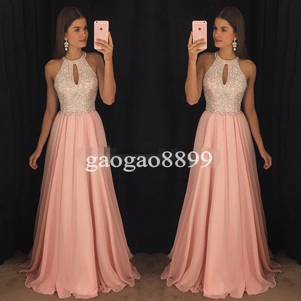 Gorgeous Pink Chiffon Prom Dresses A-Line Halter Major Beaded Ruffled Pleated Evening Formal Gowns Long Chiffon Dress for Party Wear