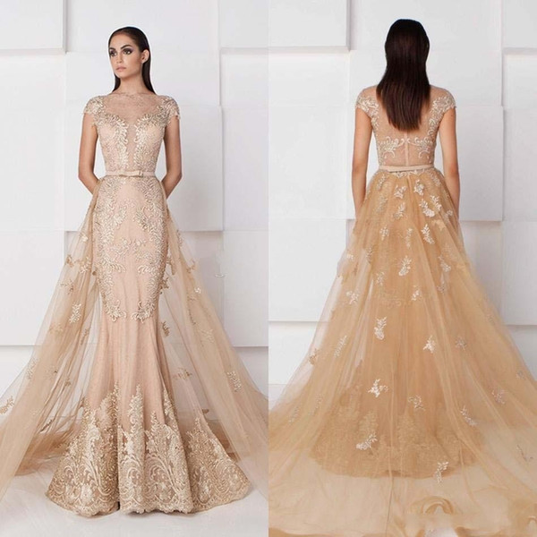 Saiid Kobeisy Mermaid Champagne Evening Dresses With Detachable Train Short Sleeve Lace Applique Prom Gowns Sheer Neck for Party DTJ