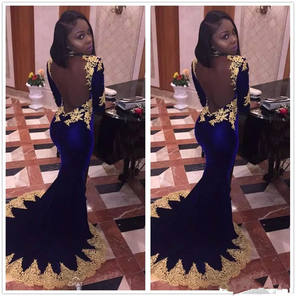 Royal blue Velvet Gold Applique Mermaid Prom Dresses Long Sleeves high neck Sexy Backless black girl Formal Party Evening Dresses Cutom Made