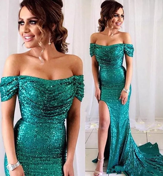 turquoise High Side Split Sexy Sequined Mermaid Prom Dresses Sparking Ruched Off Shoulder Zipper Back Maid of Honor Dress