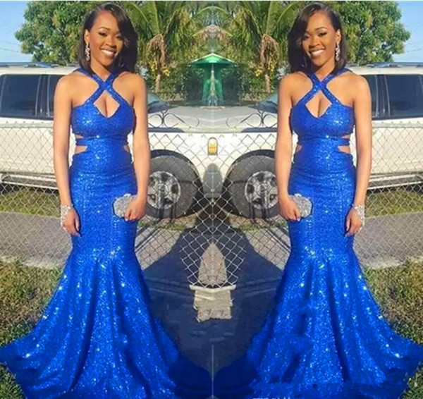 Sexy Royal Blue sequin mermaid prom dresses spaghetti straps criss cross long trumpet formal evening party gowns wear