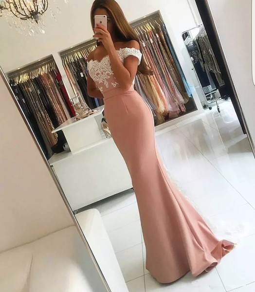 elegant Sexy blush pink arabic mermaid Prom Dresses off the Shoulder lace appliques buttons Evening Dresses Pageant Formal Party Gowns