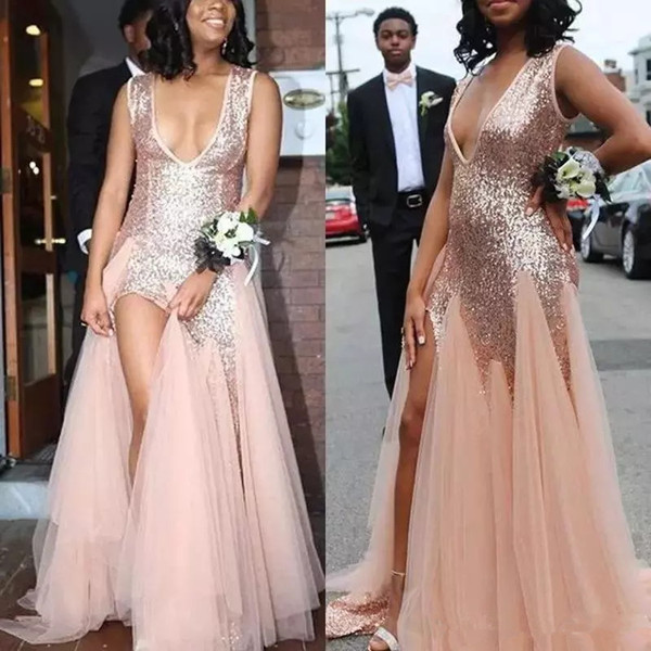 Rose gold sequins split prom dress mermaid Sexy deep V neck sparkly long formal evening party gowns wear