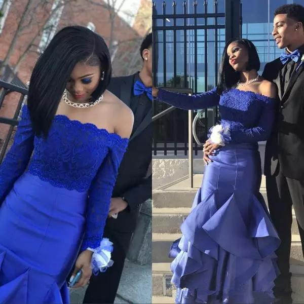 Royal Blue Mermaid two Piece Prom Dresses With Long Sleeves Lace Top Off Shoulder Ruffles train Evening Party Gowns