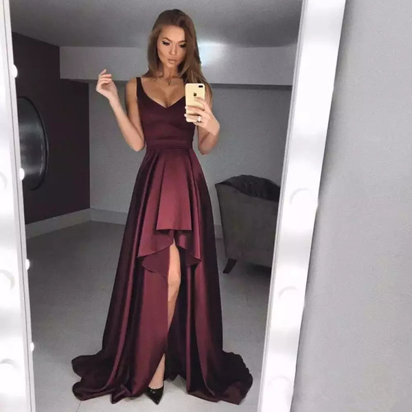 Chic Burgundy High Low Prom Dresses Sexy V Neck A Line Party Dress Ruffles Satin formal Evening Gowns Cheap