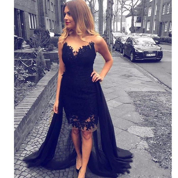 Sexy Black Knee Length Prom Dresses A Line Bateau Neck Hollow Back Evening Gowns with Lace Appliques Cheap Cocktail Dresses DTJ