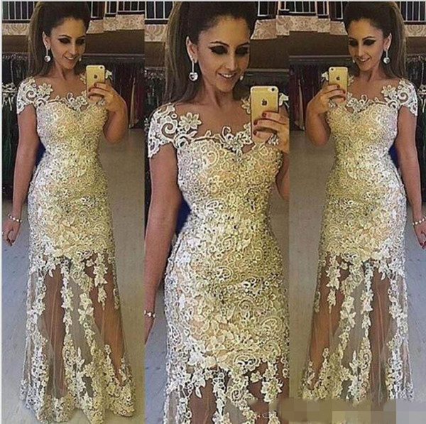 Light Gold Lace Prom Dresses Sheer Neck Cap Sleeves Tulle See Through Evening Gowns South African Formal Vestidos Party Dress