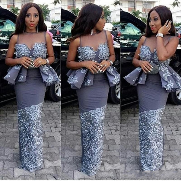 Aso Ebi African Mermaid Prom Dresses Sheer Neck Sexy Peplum Celebrity Evening Gowns Lace Appliques Party Cocktail Dress DTJ