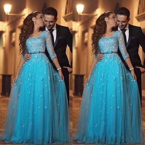 Saudi Arabic Beautiful Prom Dresses A Line with Appliques Half Sleeves Long Party Evening Gowns Celebrity Dresses Custom Made