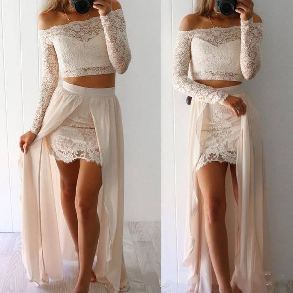 Two Pieces Prom Dresses Sexy Sheer Long Sleeves Off the Shoulder Mini Short Full Lace Party Wear With Chiffon Overskirts Dresses DTJ