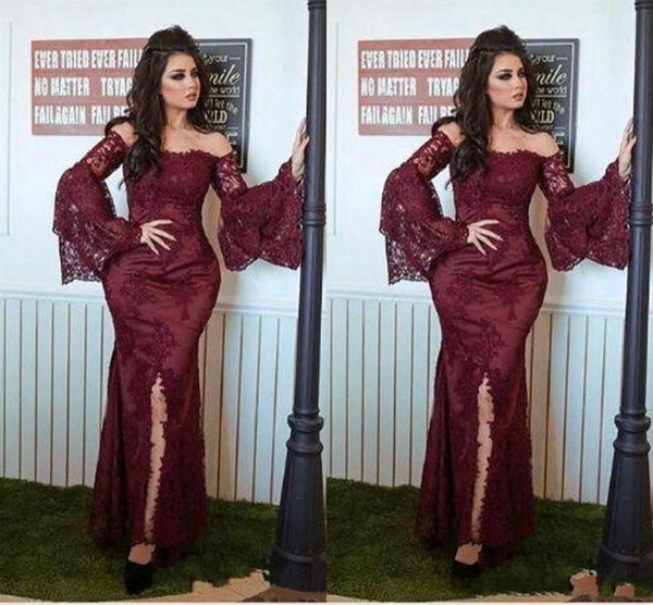 Burgundy Mermaid Evening Dresses 2K19 Formal Dress Long Prom Dresses Party Wear Off-the-shoulder Long Sleeve Ankle Length