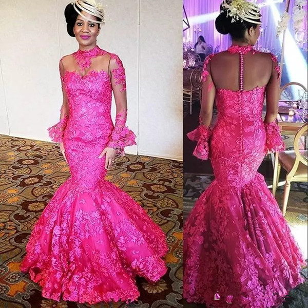 Elegant Fuchsia lace Mermaid Evening Dresses High Neck Sheer Long Sleeves Appliques trumpet Formal evening Prom Gowns covered buttons