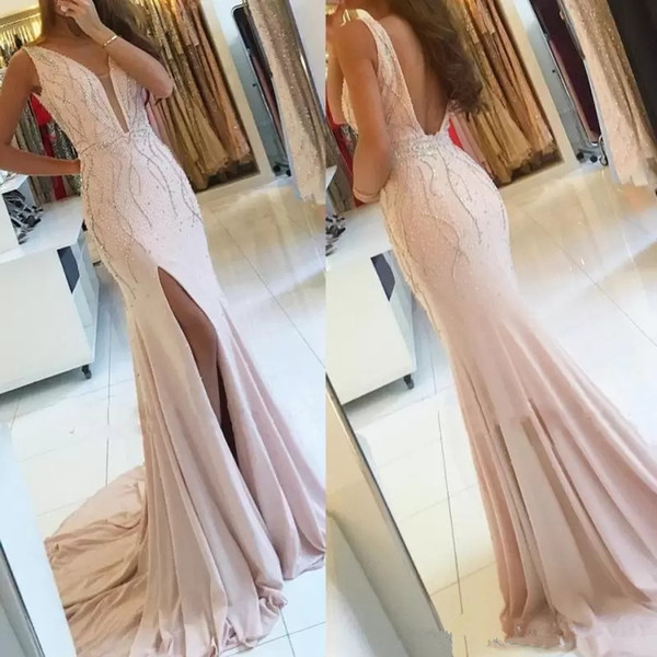 Pearl pink Sexy Side Split Prom Dresses with Beaded Open Back Long Pageant Party Mermaid Formal celebrity Evening Gowns