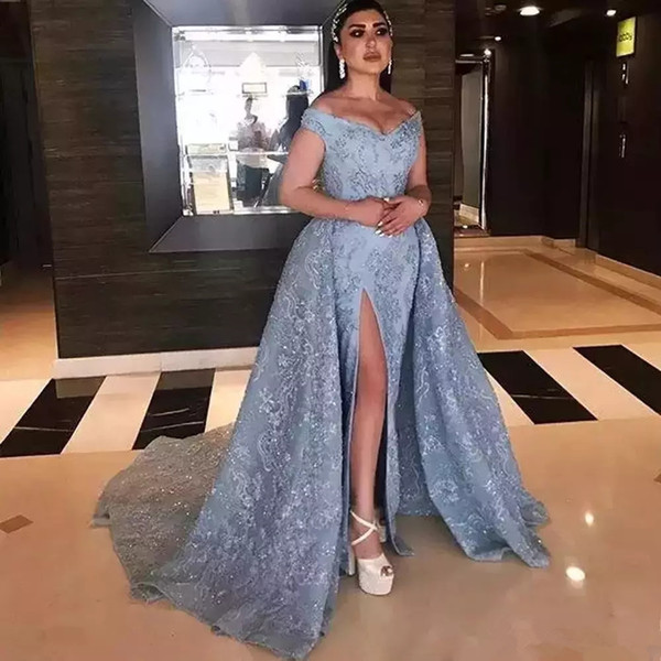 Gorgeous Dubai Mermaid Evening Dresses Off Shoulder High Side Split Sequin Celebrity Prom Dress Overskirts Sexy Red Carpet Party Gowns