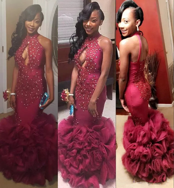 burgundy Slim South Africa Mermaid Lace Prom Dresses Custom Top Beads Sleeveless tulle Evening Long Dubai Party Formal celebrity Gowns