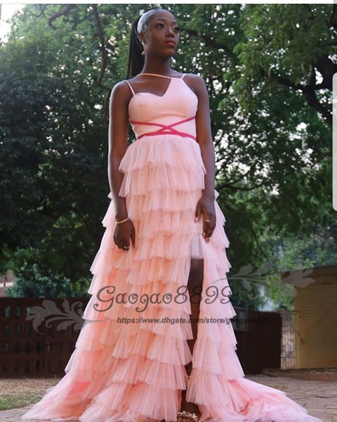 Chic blush pink split prom dresses mermaid african spaghetti straps tiered skirt soft tulle long formal celebrity evening party gowns