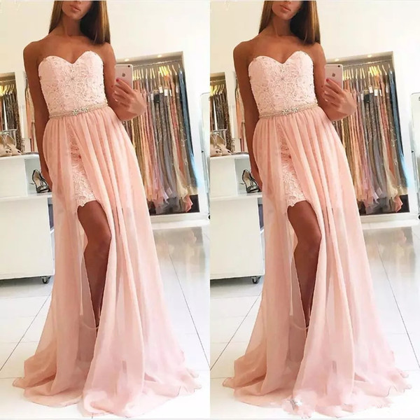 Chic blush pink lace split short Prom dresses with detachable skirt elegant chiffon beaded sweetheart long formal evening party gowns wear