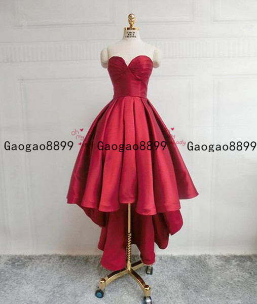 High Low Sweetheart Neck Strapless Backless Satin Red Prom Dresses short Graduation Dresses Backless lace up Formal Evening Dresses