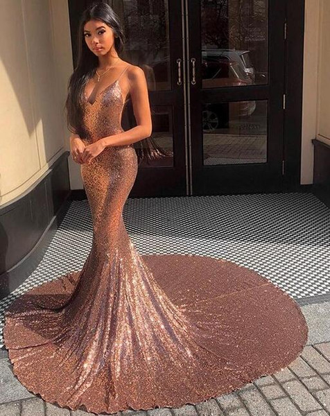 sexy Bling Sequined mermaid Prom Dresses spaghetti Sweep Train Evening Gowns robes de bal custom made long Pageant Formal wear