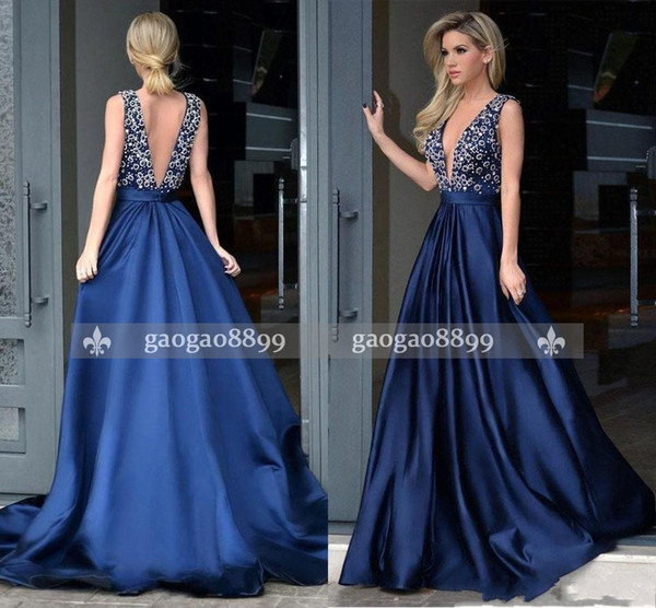 Elegant A Line Satin Prom Dresses Sexy Plunging V Neck Lace Appliques Formal Dresses Evening Party Wear Sleeveless Backless Pageant