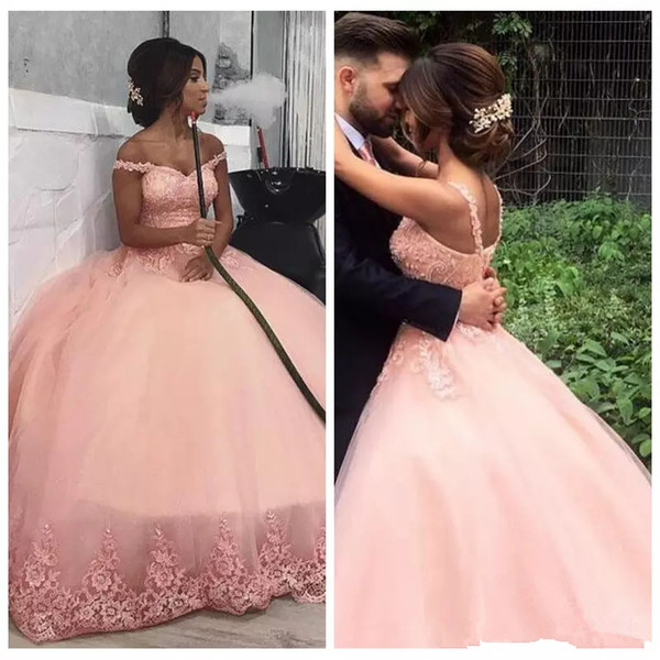 Gorgeous Blush pink Applique Ball Gown Prom Dresses off shoulder sleeve Sweetheart Quinceanera Gowns Sweet 16 Birthday Party Prom Wear