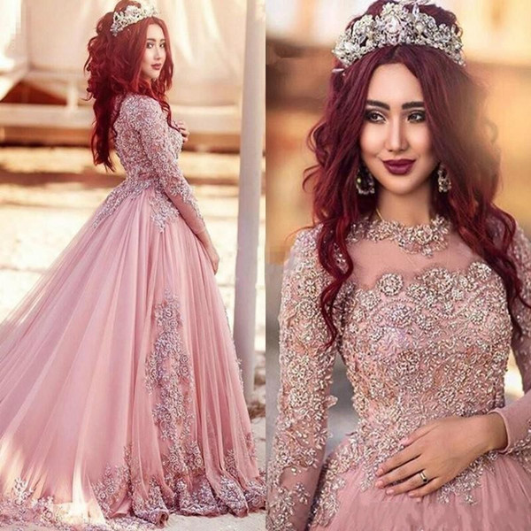 Luxurious Pink A Line Prom Dresses with Beads Lace Appliques Jewel Long Sleeve Evening Dress Robe De Soiree Party Gowns DTJ