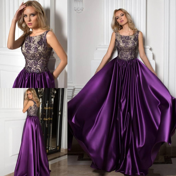 Purple Prom Dresses Bateau Neck A Line Evening Gowns Beaded Satin Floor Length with Lace Appliques Cheap Formal Dress DTJ