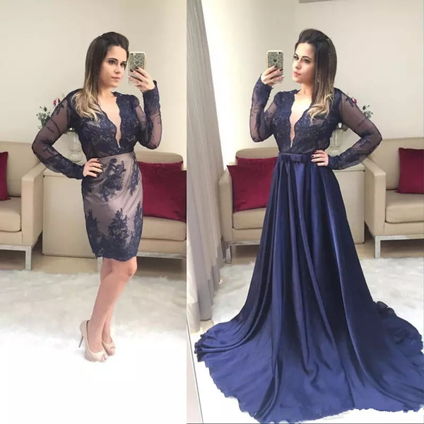 Sexy Deep V Neck Long Sleeves Evening Dress With Detachable overskirt Train Sexy Navy blue Appliques Sheath formal Prom Party Pageant Gowns