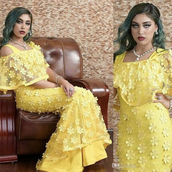 Charming Yellow Hand Made Flower Long Prom Dresses Square Neck Sweep Train Evening Gowns Pageant Party Dress DTJ