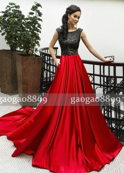 New Arrival Black And Red A-Line Prom Dresses With Cap Sleeves Scoop Neck Backless Cheap Formal Dresses Evening Party Wear