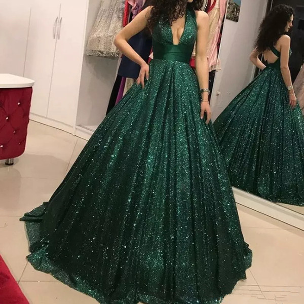 Dark green Sparkly Sequins Sexy criss cross straps open back Evening Dresses ball gown Sexy V neck Full length formal celebrity Prom Dresses