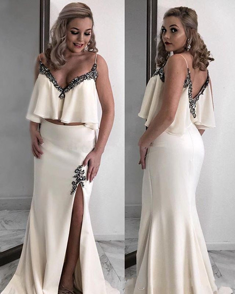 Elegant Two Pieces Prom Dresses Side Split Sexy Maid of Honor Dress with Beaded Spaghetti Straps Party Evening Gowns