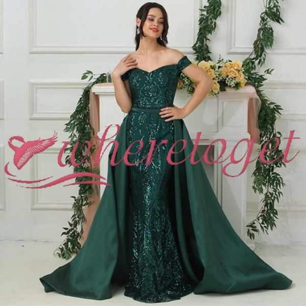 New Style Mermaid Prom Dresses Off the Shoulder Appliques Sequins Detachable Train Long Party Gowns Plus Size Formal Evening Dress