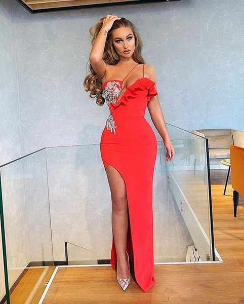 Elegant Spaghetti Sexy Sweetheart Prom Dresses with Beaded High Side Split Long Pageant Party Maid of Honor Dress