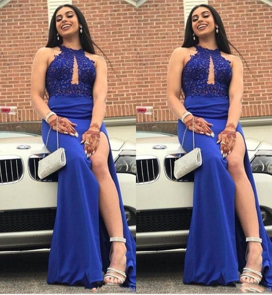 Sexy Side Split Sexy Royal Blue Prom Dresses with Lace Applique Halter Keyhole Neck Evening Gowns Maid of Honor Party Dress