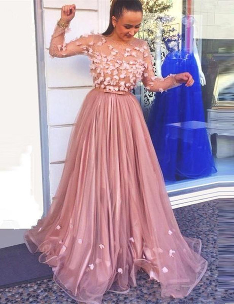 Gorgeous 3D-Applique Sheer Long Sleeves Prom Dresses with Sash A Line Tulle Bride Party Evening Gowns