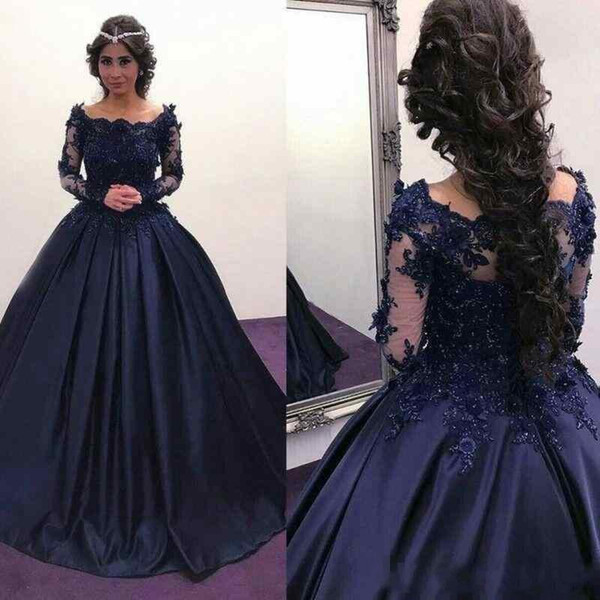 Fall Winter Navy Blue Prom Dresses Long Sleeve Bateau Lace Satin Masquerade Ball Gown Formal Dresses vestidos Party Evening Wear