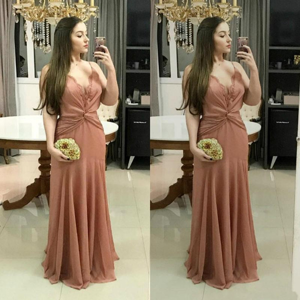 Modest Chiffon Long Prom Dresses Spaghetti V Neck Ruched Sexy Maid of Honor Bride Party Evening Gowns